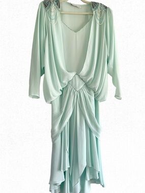 1980s Lillie Rubin Mint Green Draped Evening Dress with Beaded Shoulders